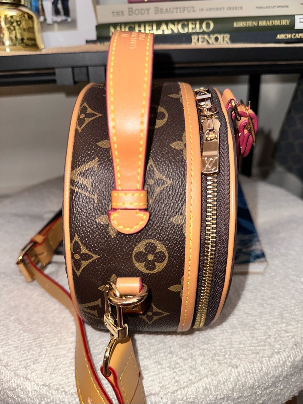 Brown Monogram Round Crossbody Bag - Tan Trim - Picture 2 of 9